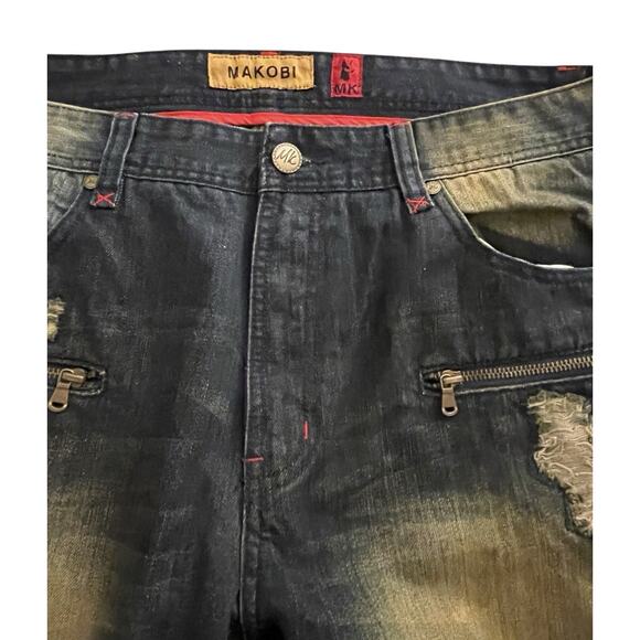Mens Makobi Jeans 36x34 Blue Faded Distressed Zipper Pockets Streetwear Y2K - Picture 3 of 16